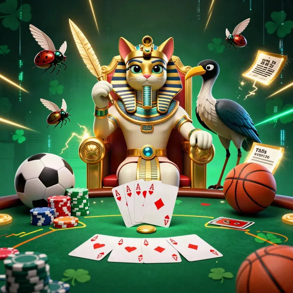 Pharaoh cat, ibis, scarabs, poker chips, cards, soccer ball and neon casino glow