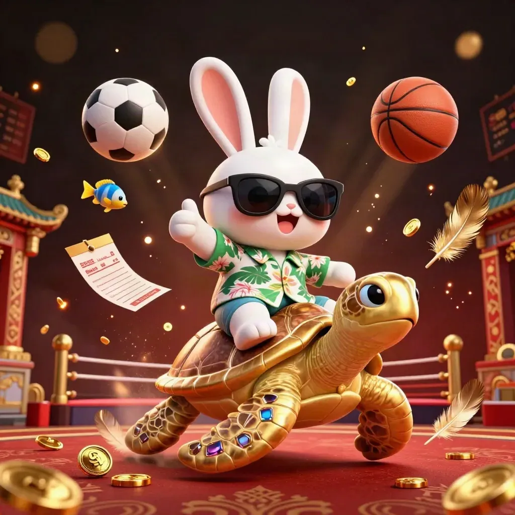 Rabbit on gem-shell turtle amid casino sports chaos, balls flying under gold lights.