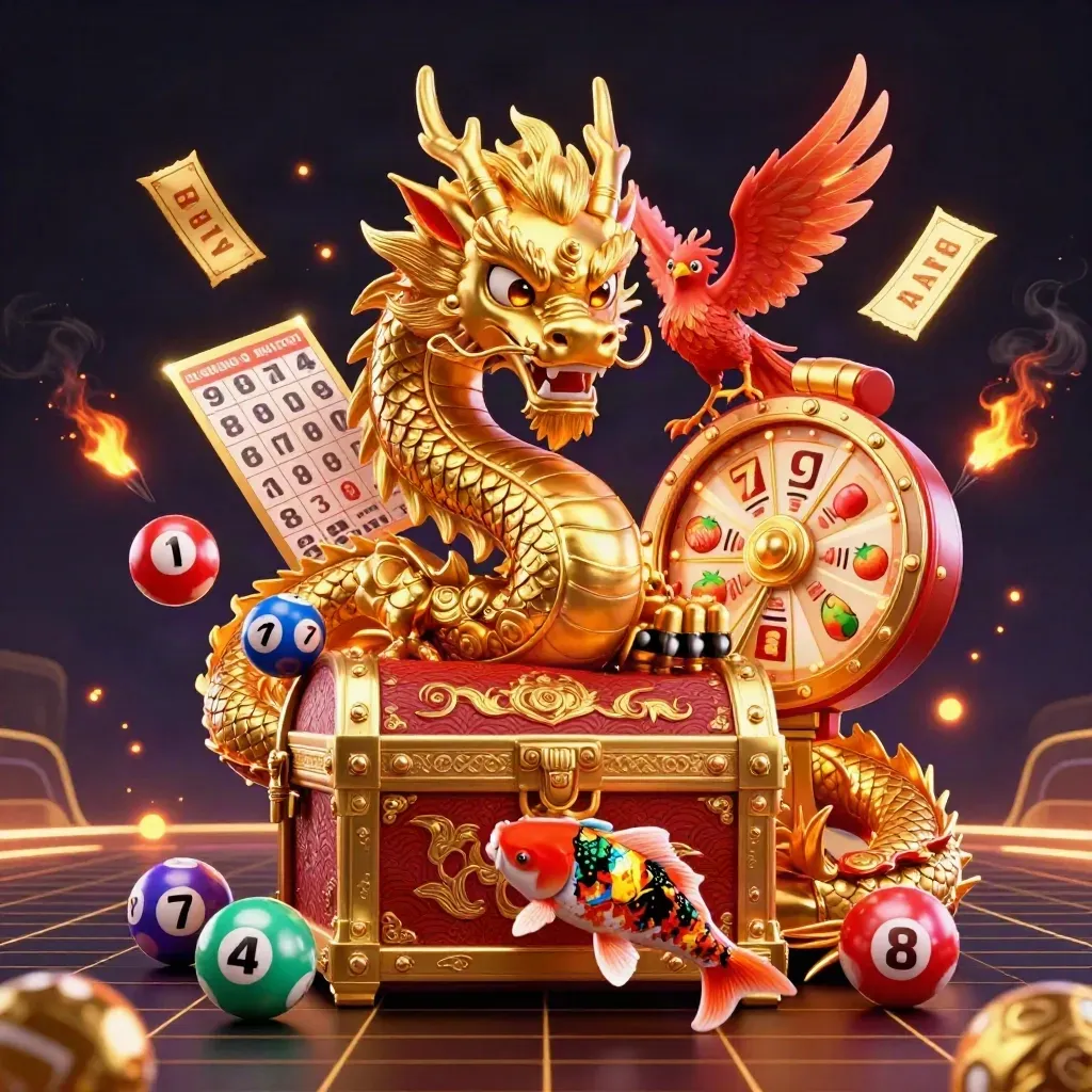 Golden dragon with red phoenix and koi erupts from a treasure chest amid casino sparks.