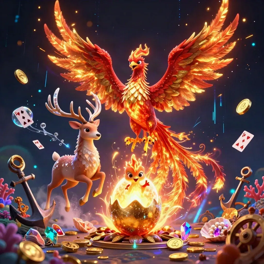 Phoenix trio bursts through treasure cove coins, coral, and glowing energy.