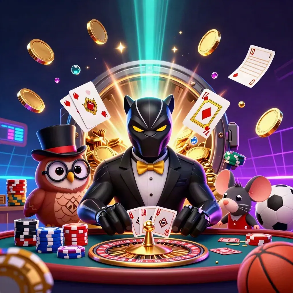 Panther, owl, and mouse erupt amid coins, roulette, chips, gems, and neon casino glow.