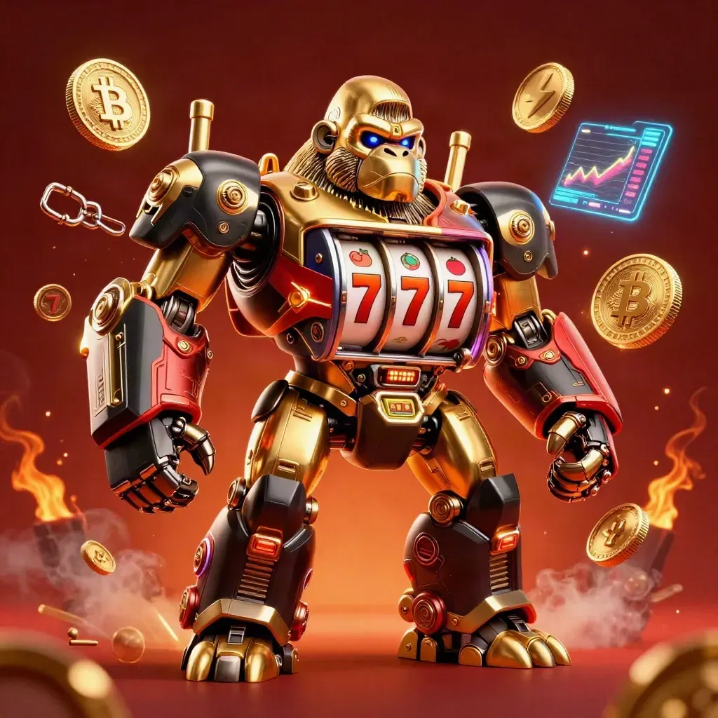 Golden gorilla mech with monkey pilot, reels, coins, and neon casino bursts